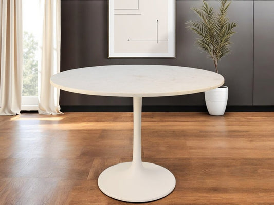 40" White Rounded Marble And Iron Pedestal Base Dining Table