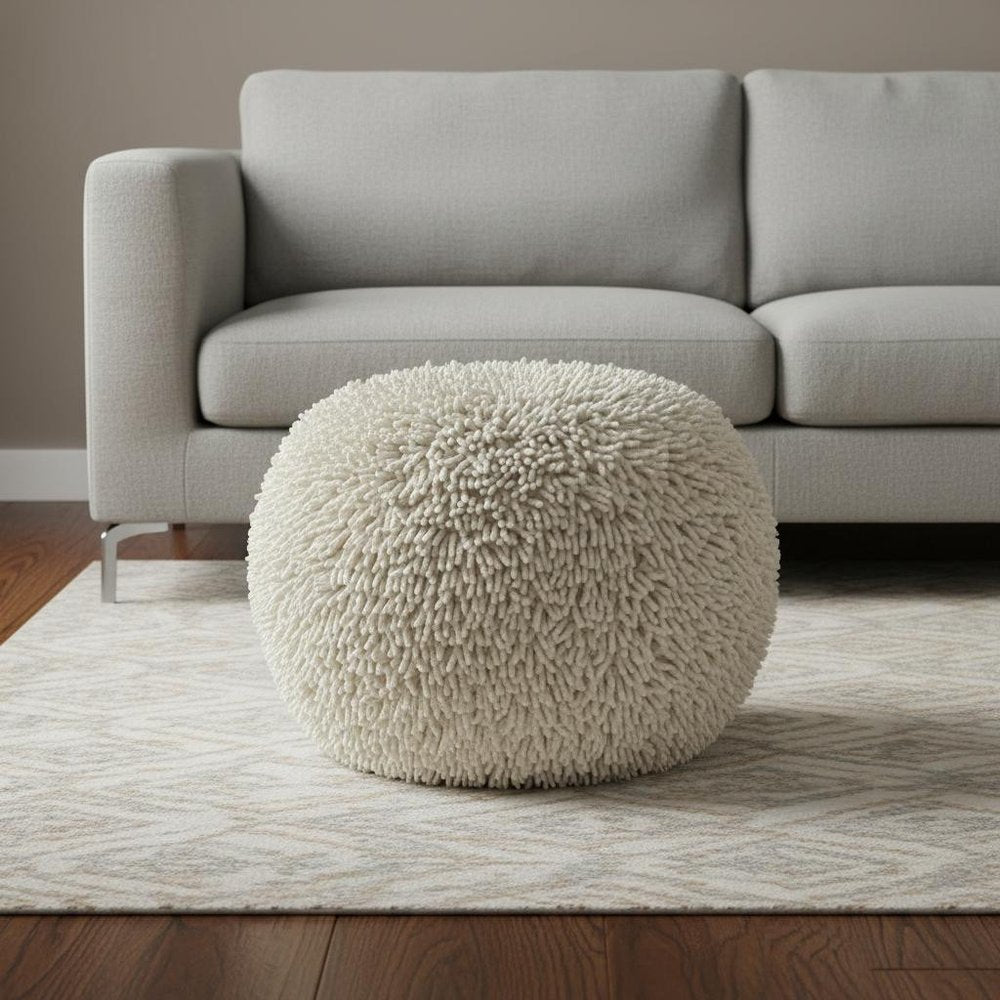 20" Cream Cotton Tufted Round Geometric Pouf Ottoman