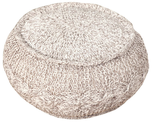 20" Beige Cotton Round Geometric Pouf Ottoman