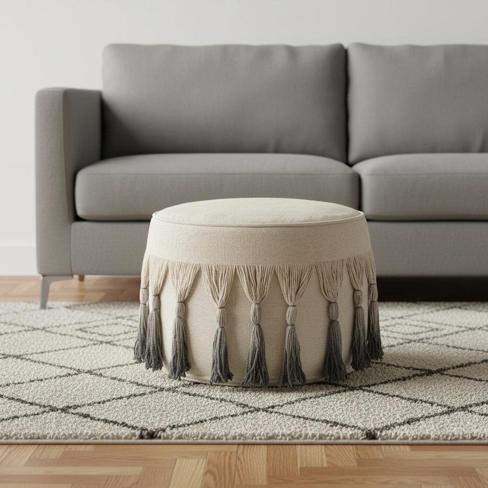 20" Beige Cotton Round Ombre Pouf Ottoman