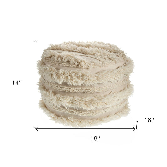 18" Ivory Cotton Striped Round Pouf Ottoman