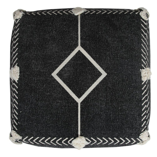 18" Black Cotton Geometric Pouf Ottoman