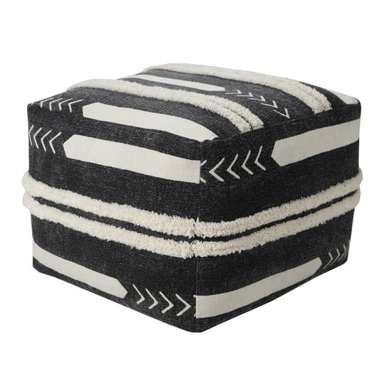 18" Black Cotton Geometric Pouf Ottoman