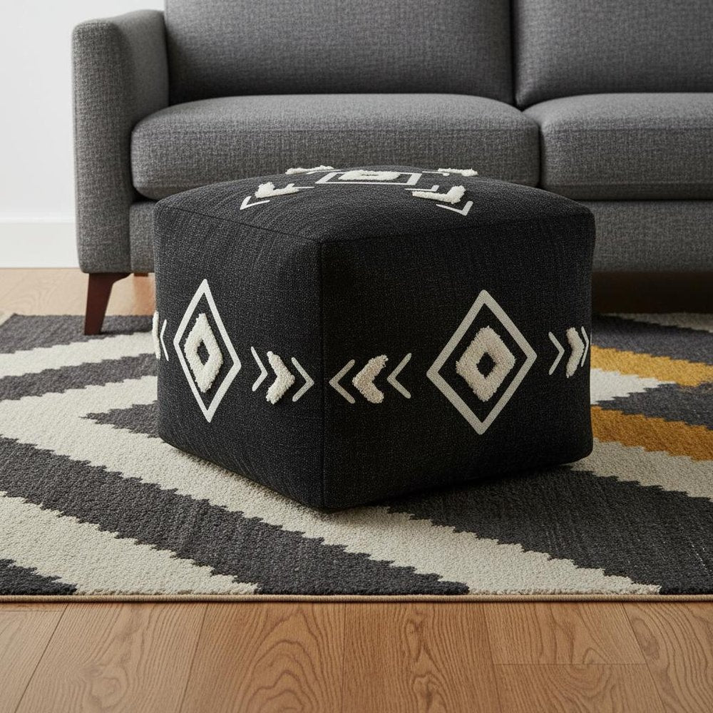 18" Black Cotton Geometric Pouf Ottoman
