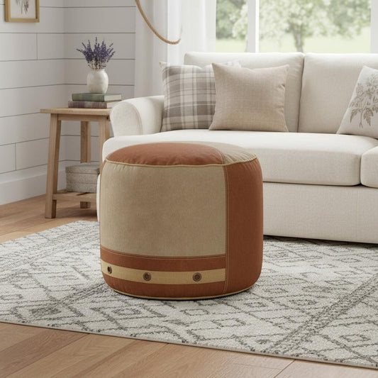 16" Tan Cotton Striped Cylinder Pouf Ottoman
