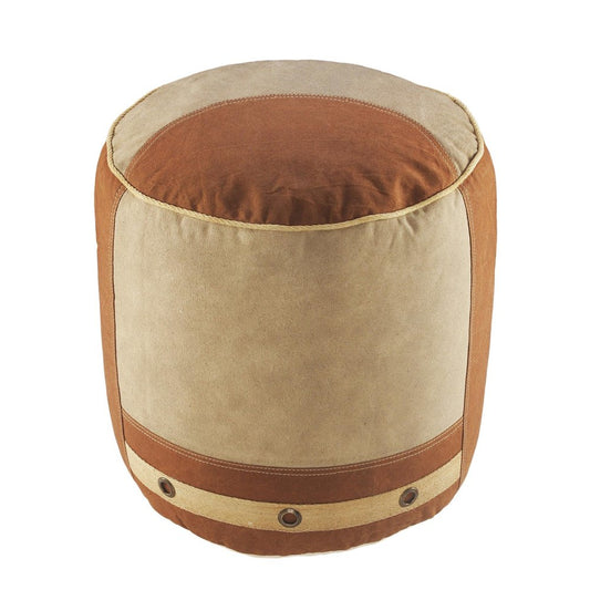 16" Tan Cotton Striped Cylinder Pouf Ottoman