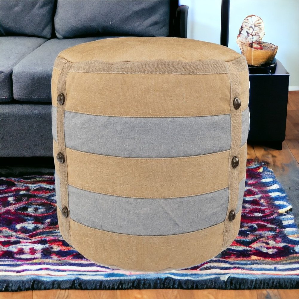 16" Tan Cotton Cylinder Striped Pouf Ottoman