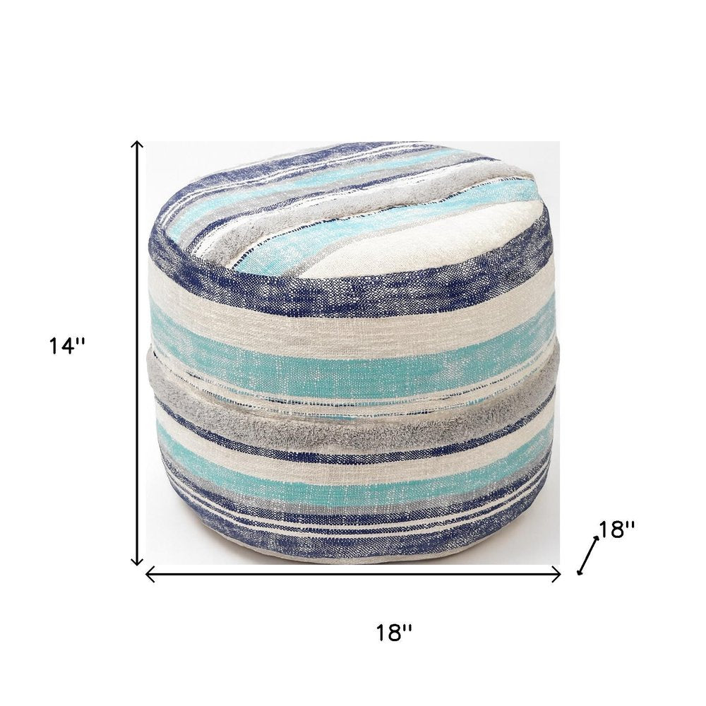 18" Blue Cotton Cylinder Striped Pouf Ottoman