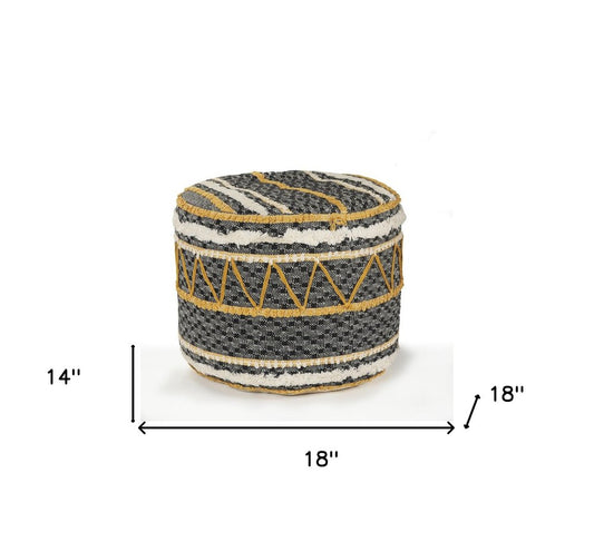 18" Black Cotton Striped Cylinder Pouf Ottoman