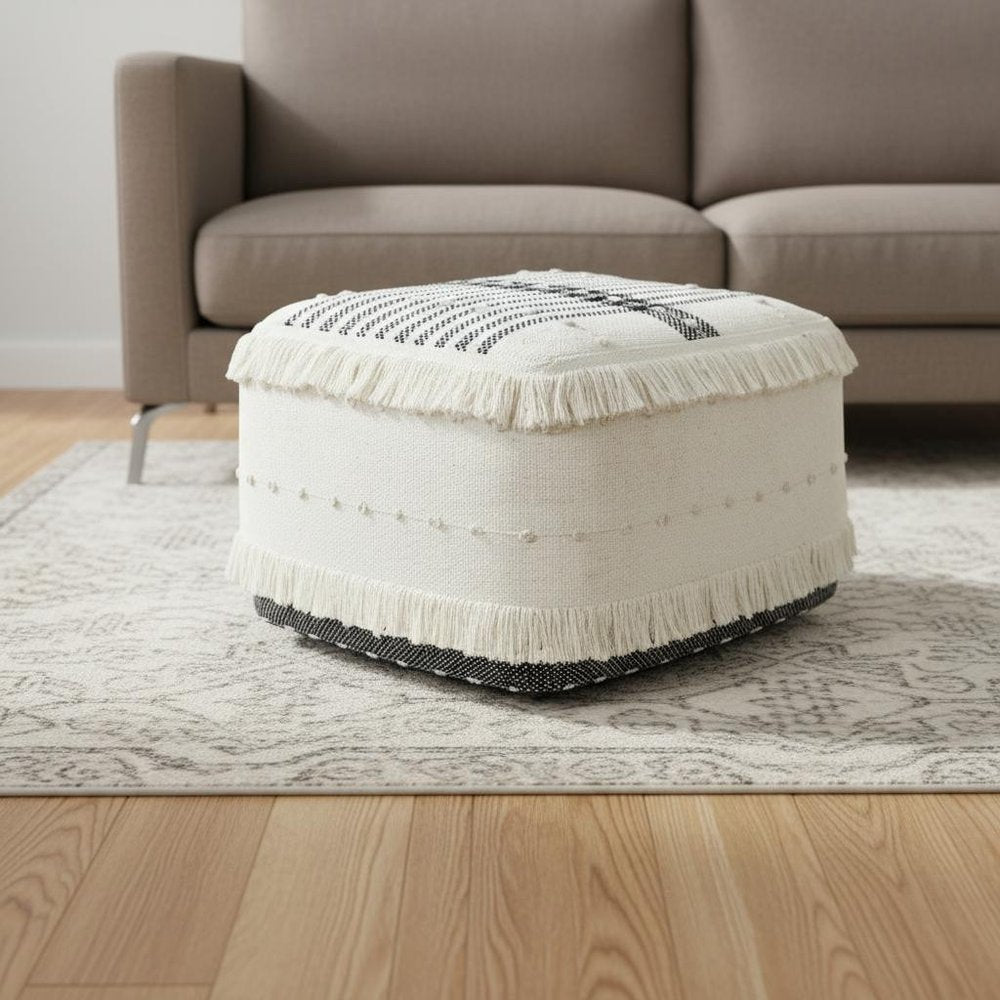 18" White Cotton Striped Pouf Ottoman