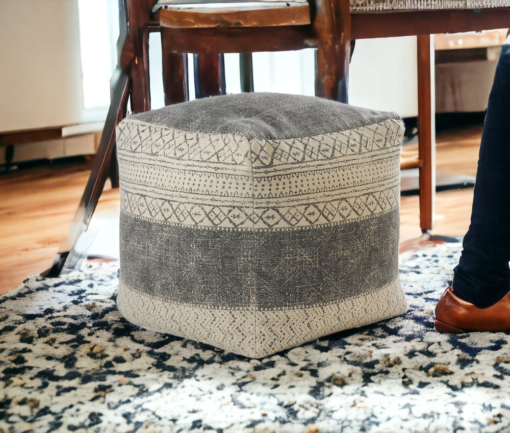 20" Cream Cotton Tribal Pouf Ottoman
