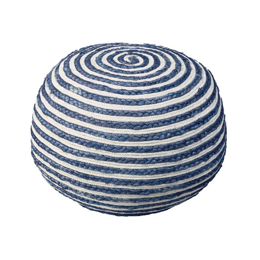 20" Blue Cotton Blend Round Striped Pouf Ottoman