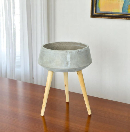 Gray Cement And Wood 81 Ounce Round Distressed Pot Planter With Stand