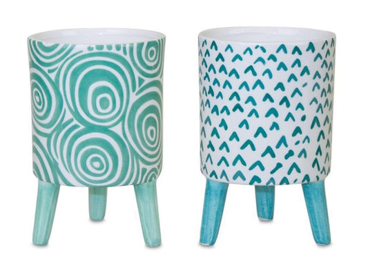 Set of Two Aqua Teal And White Ceramic 2 Ounce Chevron Round Distressed Pot Planters