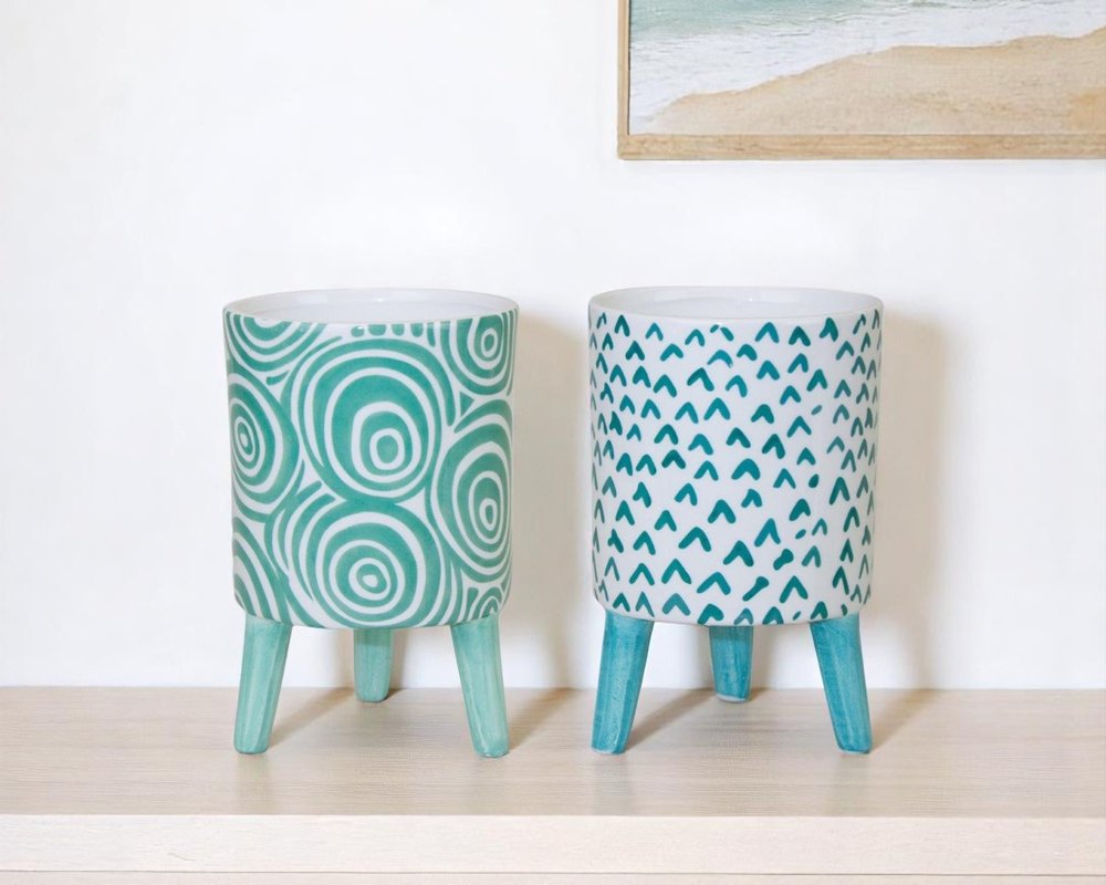 Set of Two Aqua Teal And White Ceramic 2 Ounce Chevron Round Distressed Pot Planters