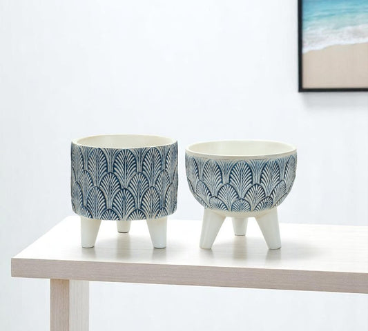 Set of Two Blue And White Polyresin Geometric Pot Planters