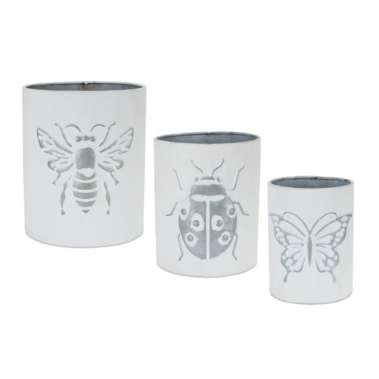 Set of Three White And Gray Metal 9 Ounce Abstract Round Distressed Pot Planters