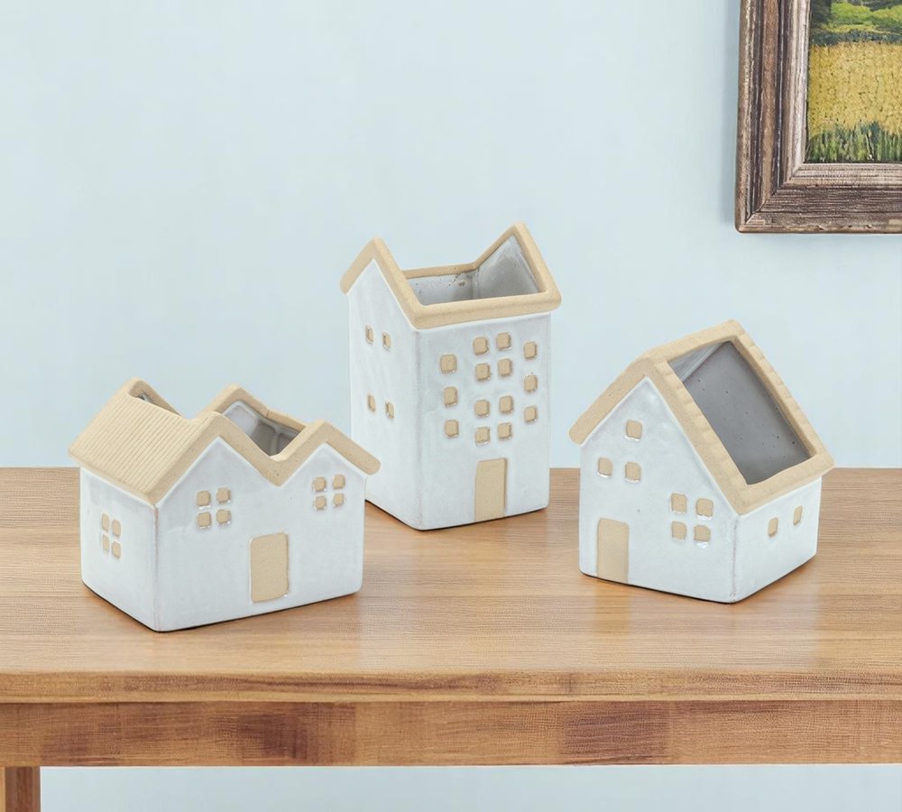 Set of Three White And Natural House Trio Pot Planters