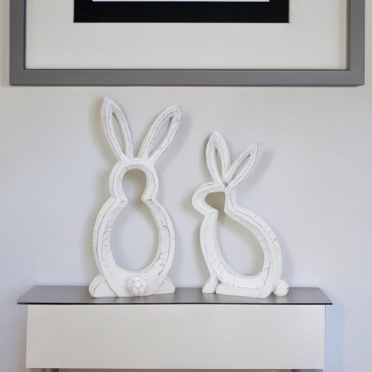 Set of Two White Polyresin Rabbit Statue Tabletop Sculpture