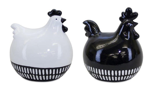 Set of Two Black And White Terracotta Chicken Figurines
