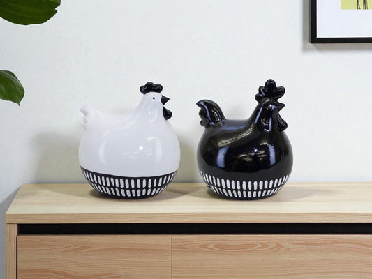 Set of Two Black And White Terracotta Chicken Figurines