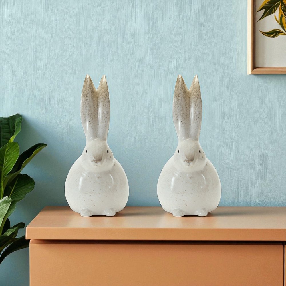 Set of Two White And Brown Terracotta Bunny Rabbit Figurines
