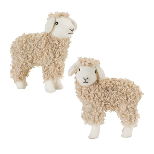 Set of Two Beige And White Plush Sheep Tabletop Sculptures