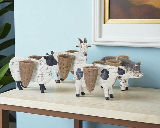Set of Four Black And White Polyresin Farm Animal Figurines With Vases