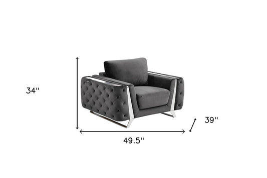 50" Dark Gray And Silver Velvet Tufted Club Chair