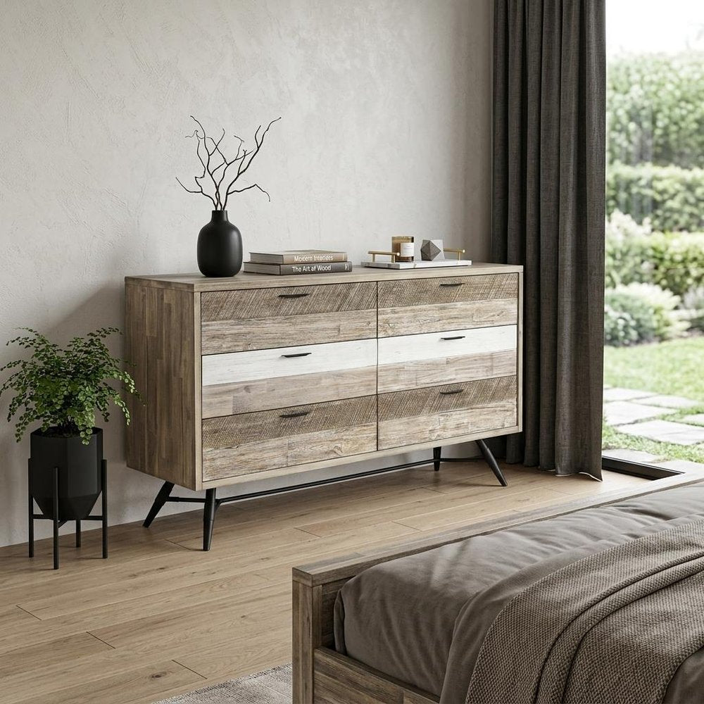 63" Natural And Ivory Solid Wood Six Drawer Double Dresser