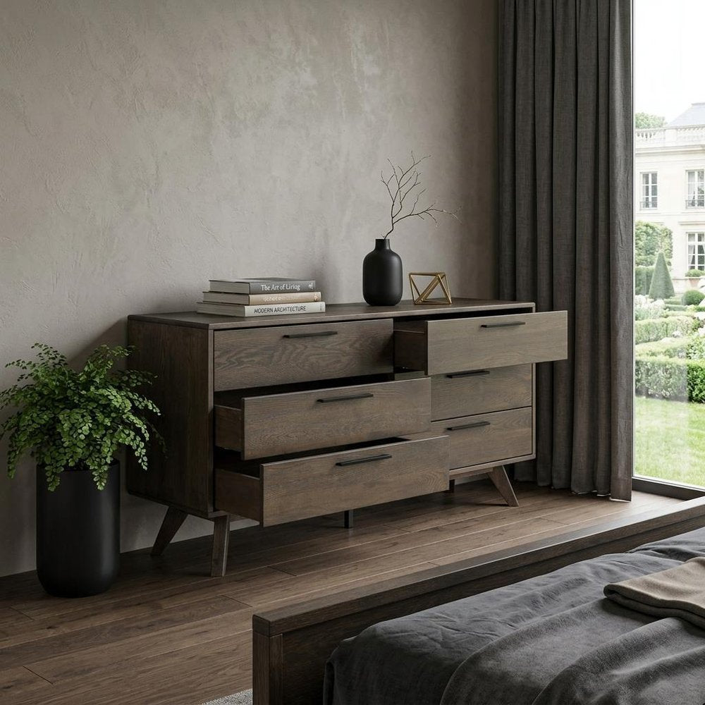 63" Dark Brown Solid Wood Six Drawer Double Dresser