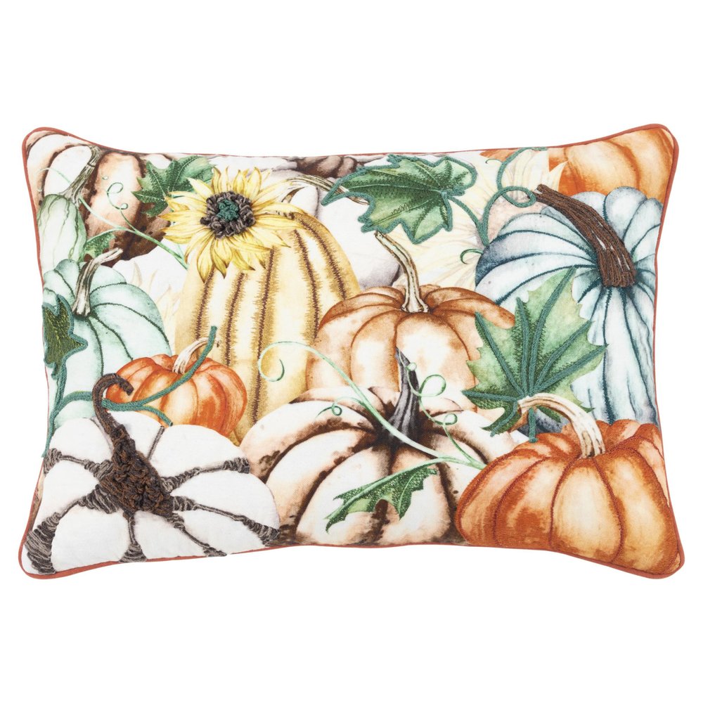 14" X 20" Orange and Ivory Thanksgiving Cotton Pillow With Embroidery Edges