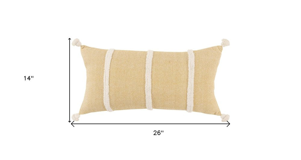 14" X 14" Yellow and White Cotton Pillow With Tassels Edges