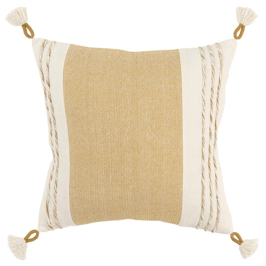 20" Yellow and White Color Block Cotton Throw Pillow With Tassels