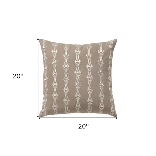 20" Taupe and White Cotton Throw Pillow With Embroidery