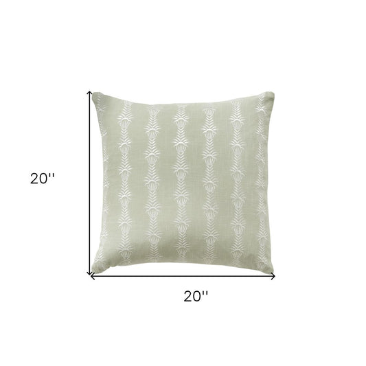 20" Green and White Cotton Throw Pillow With Embroidery