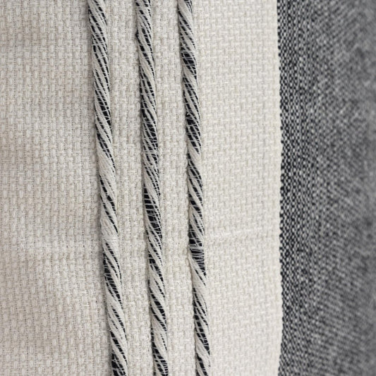 20" White and Black Striped Cotton Throw Pillow with Tassels and Texture