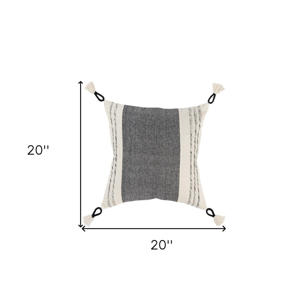 20" White and Black Striped Cotton Throw Pillow with Tassels and Texture