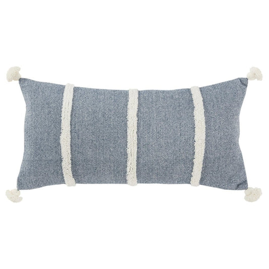 14" X 26" Blue And White Lumbar Weave Cotton Throw Pillow with Tassels