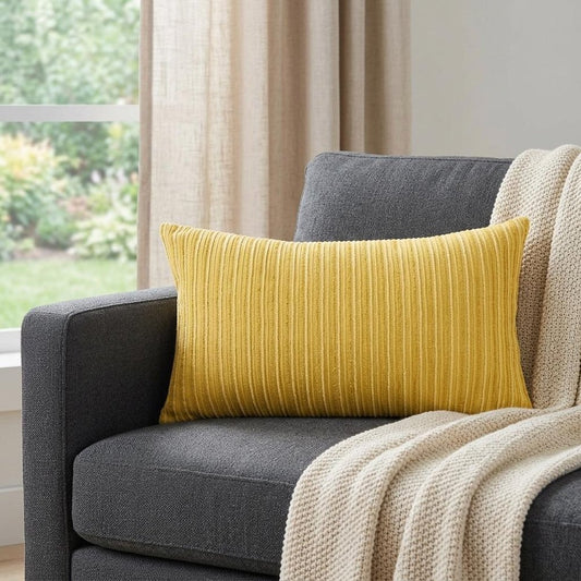 14" X 26" Yellow Lumbar Striped Cotton Blend Throw Pillow