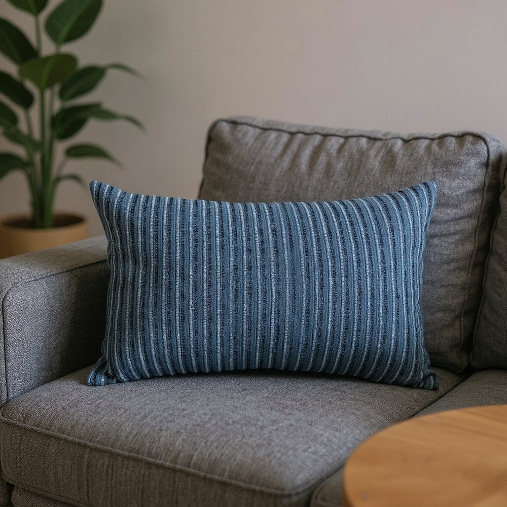 14" X 26" Blue Striped Cotton Blend Lumbar Throw Pillow