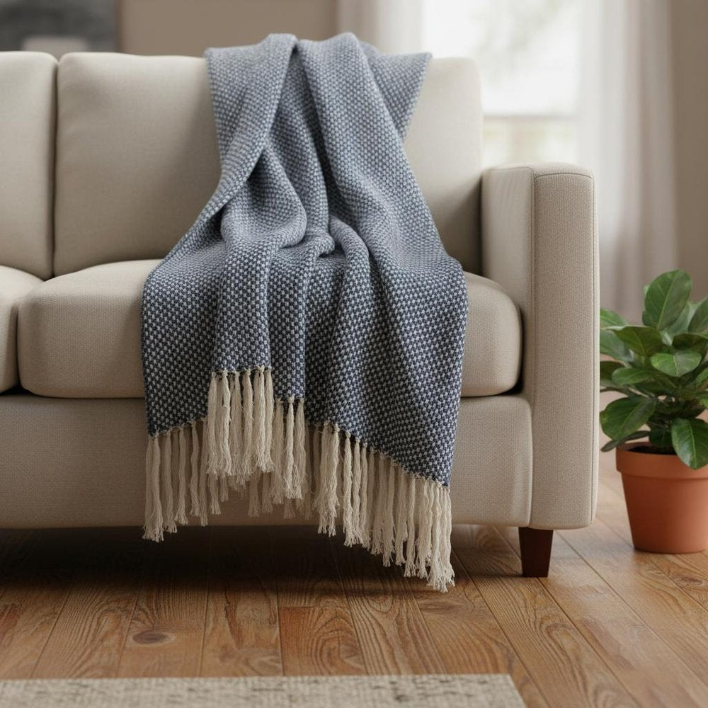 50" X 60" Navy and Ivory Woven Cotton Polka Dots Throw Blanket with Tassels
