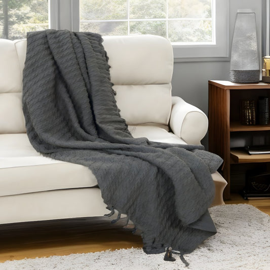 50" X 60" Gray Cotton Knitted Striped Throw Blanket with Tassels