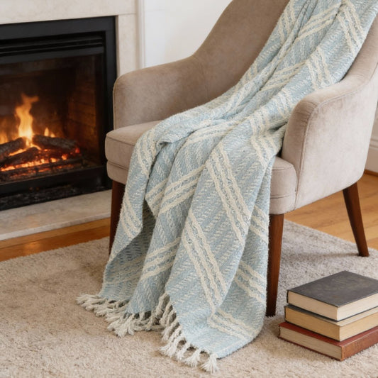 50" X 60" Light Blue And Ivory Striped Cotton Throw Blanket with Fringe
