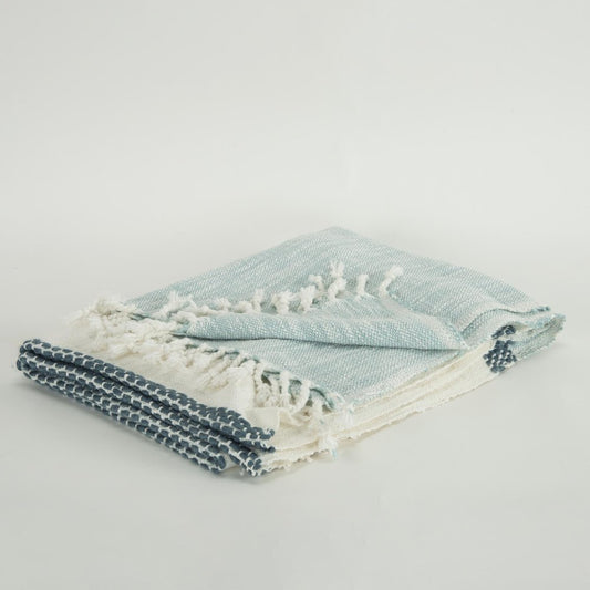 50" X 60" Blue Cotton Woven Color Block Throw Blanket with Fringe