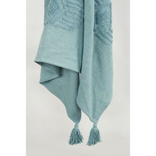 50" X 60" Teal And Blue Cotton Woven Ikat Throw Blanket with Fringe