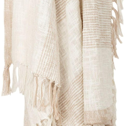 50" X 60" Ivory Cotton Woven Striped Throw Blanket with Fringe