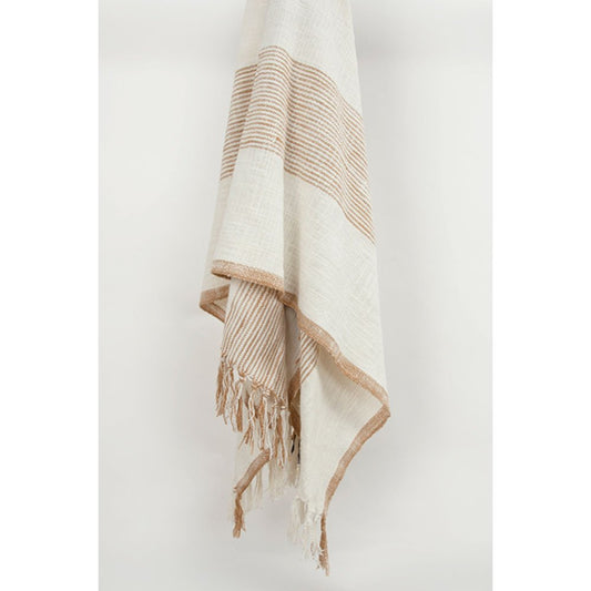 50" X 60" Ivory Cotton Woven Striped Throw Blanket with Fringe