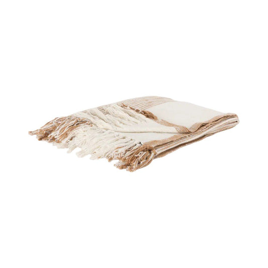 50" X 60" Ivory Cotton Woven Striped Throw Blanket with Fringe
