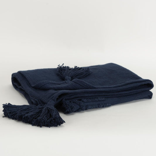50" X 60" Blue Cotton Woven Ikat Throw Blanket with Tassels